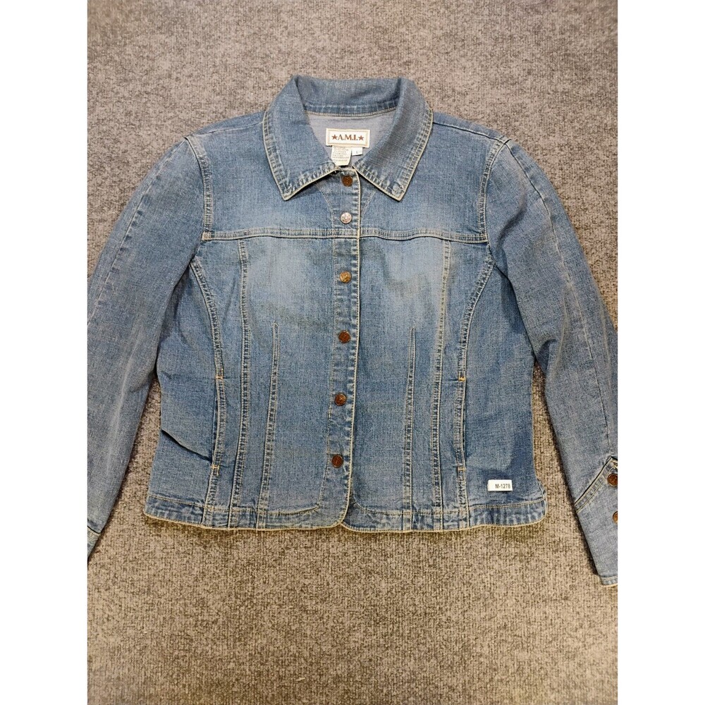 A.M.I. Women's Blue Denim Jean Jacket Button Front Stretch Size Large L Coat